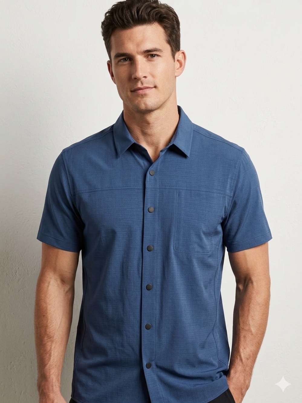 01.ALGO Slim Performance Short Sleeve Button Down Shirt Blue Men's Large